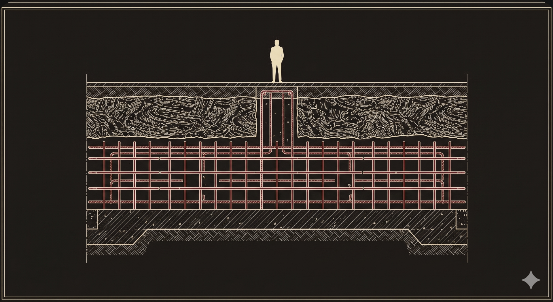 A figure standing on a cracked concrete slab. Beneath it, mud and crimson rebar are set into the foundation.